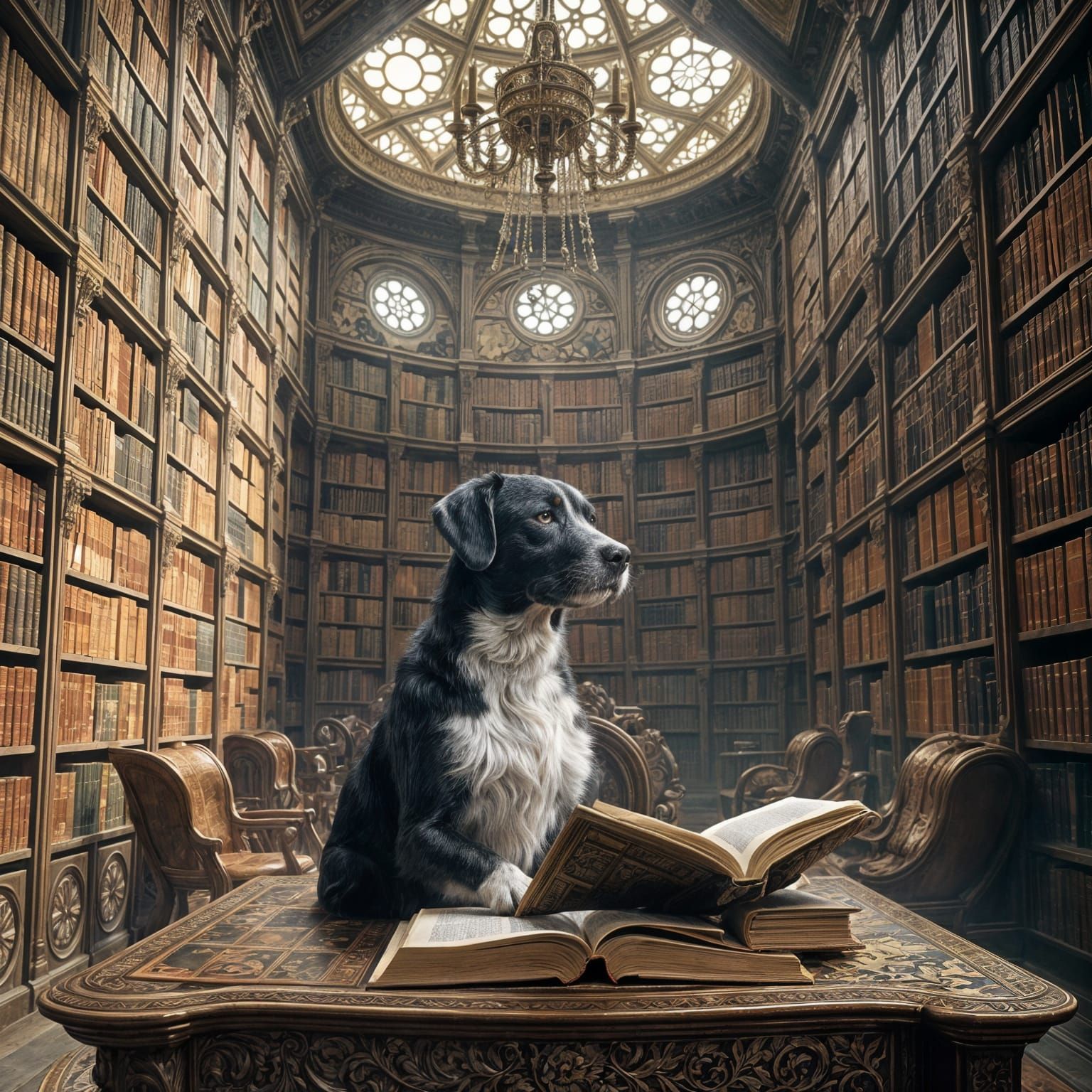 un chien qui lit un livre dans une bibliothèque