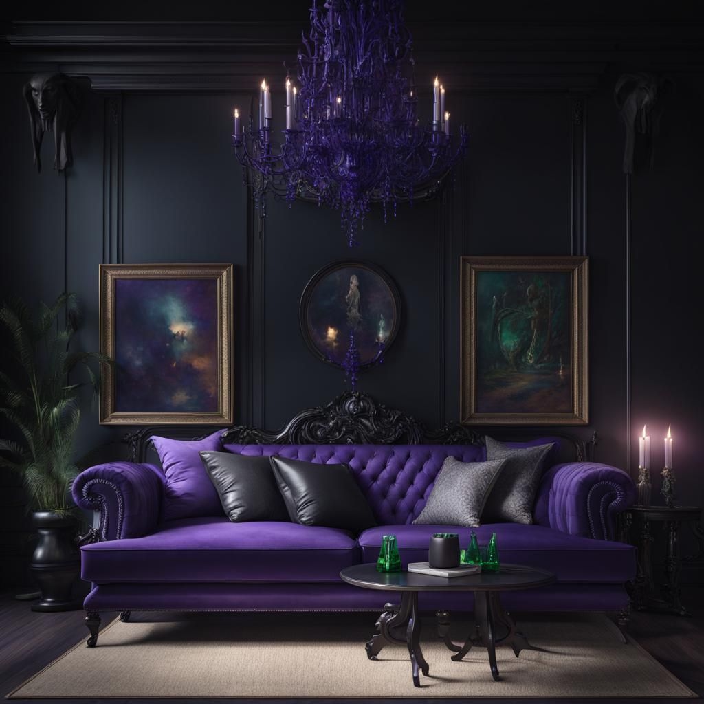 Cozy Gothic living room with a modern edge and purple walls Emerald ...