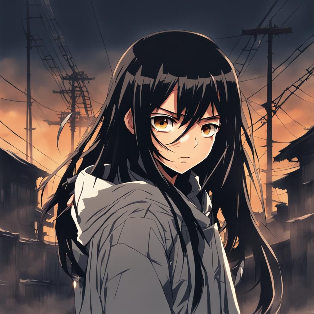 Frightened Anime Girl with Long Black Hair