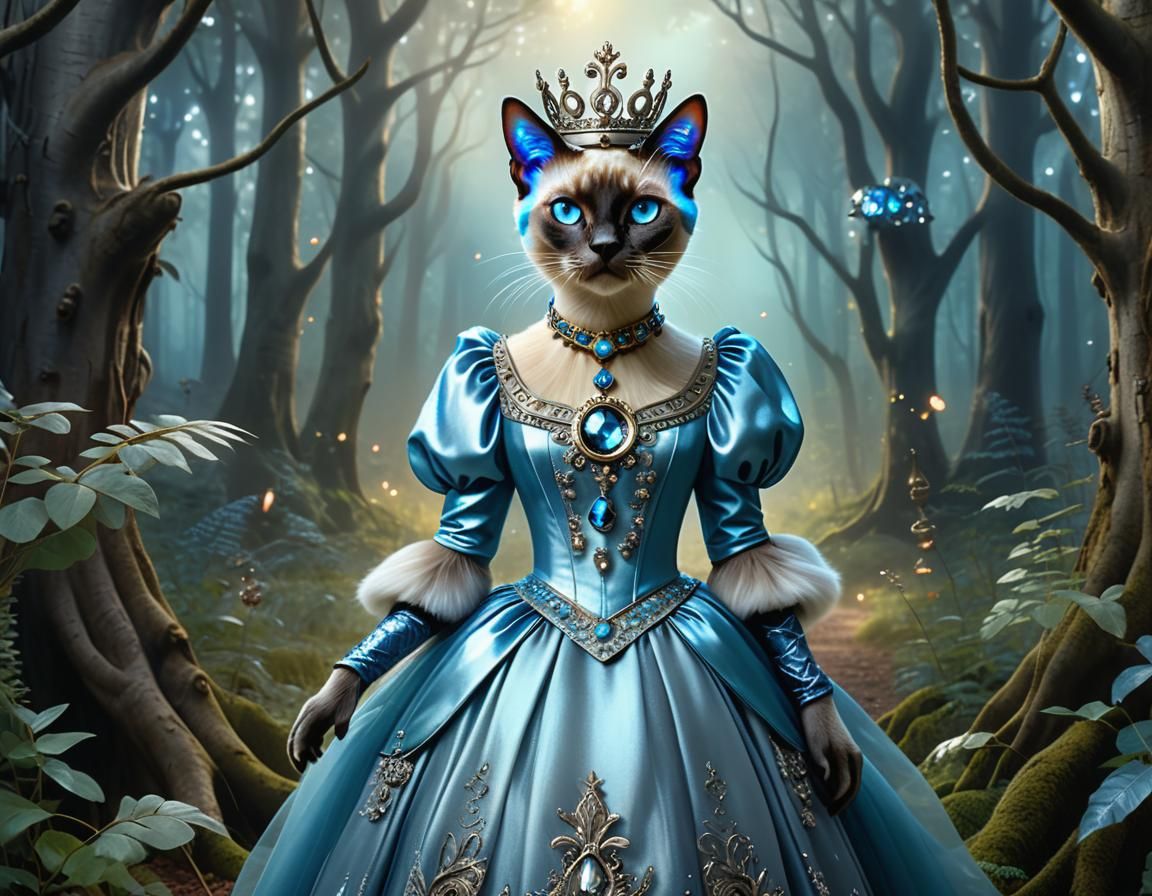 Siamese Cat Queen in enchanted forest