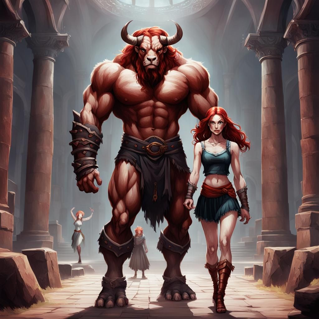 A minotaur standing in front of a redhead girl.