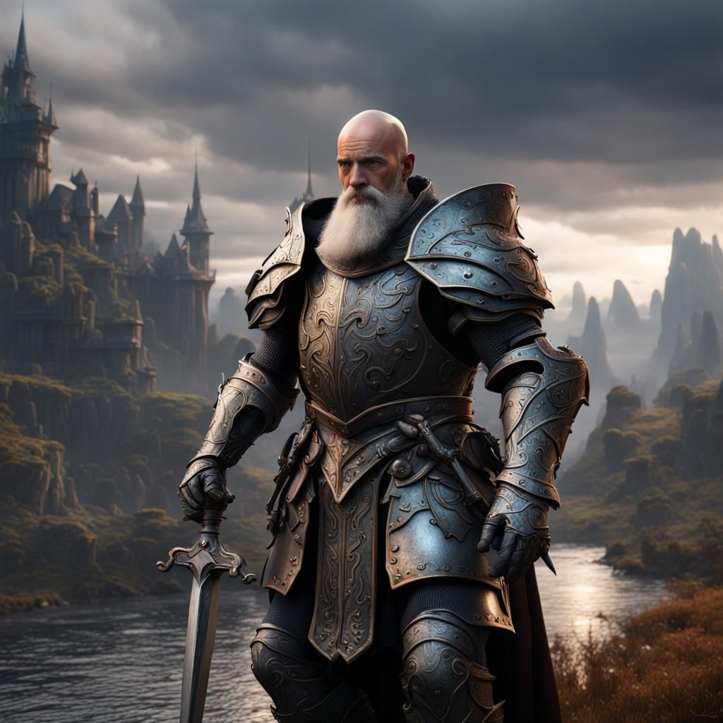 reproduce the image, but make the knight bald and his beard ...