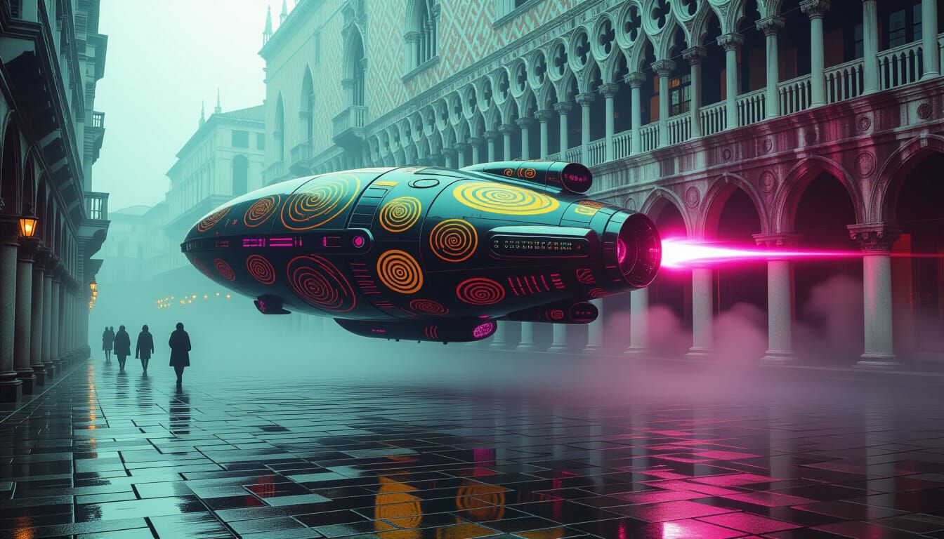 Venetian spaceship hovers over rain-soaked cobblestones and flies high above Venice