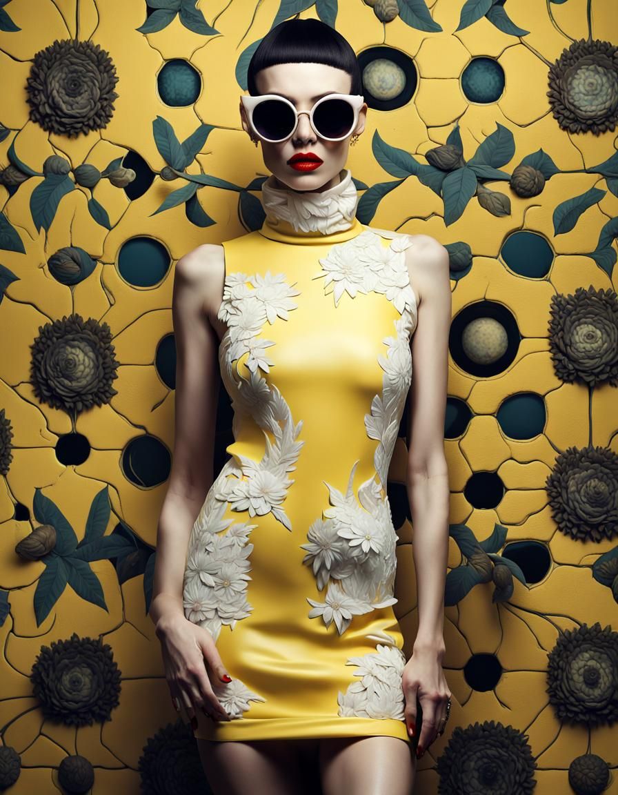 a hip hop 80's British model woman with 50's haircut, in a yellow and ...
