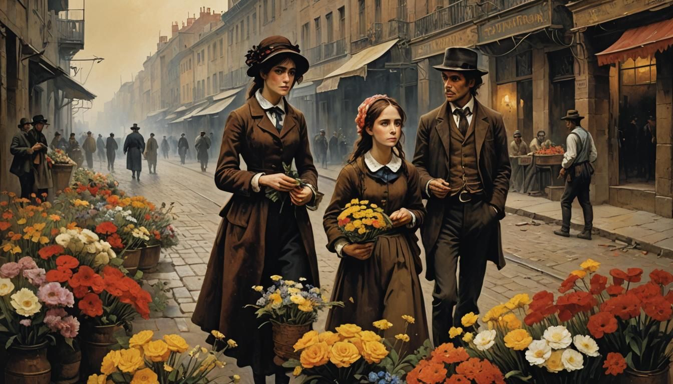 (girl selling flowers and brown-haired boy Pickpocket:1.5) / epic moody ...