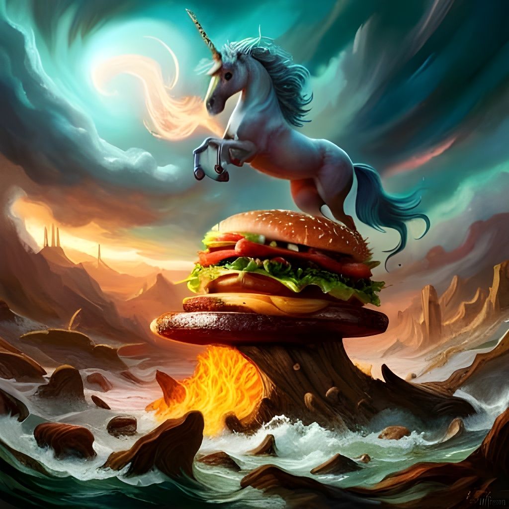 Magical unicorn on a giant hamburger!  by @Chief_Runs-with-scissors