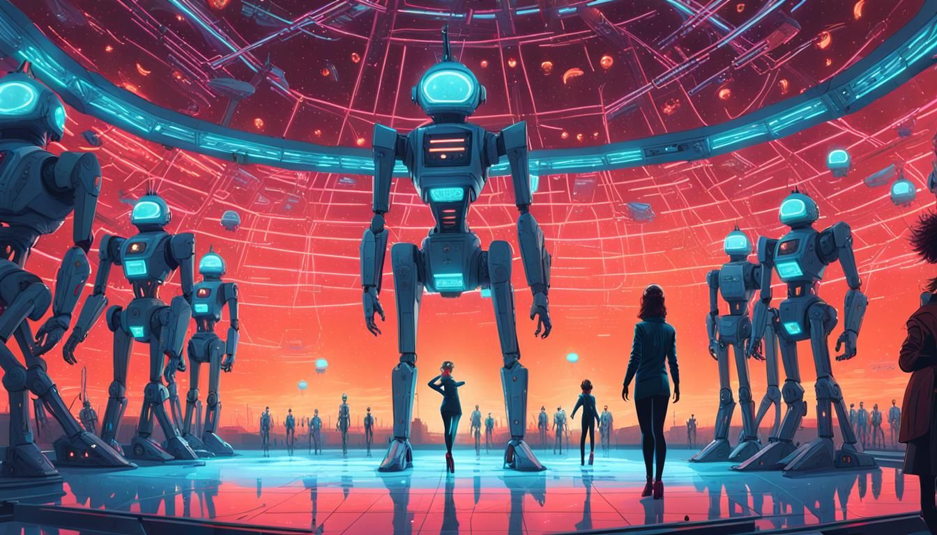 in a big spaceship observation bay, a beautiful happy athletic crowned princess wearing high heels is dancing in front of a crowd of enthusi...