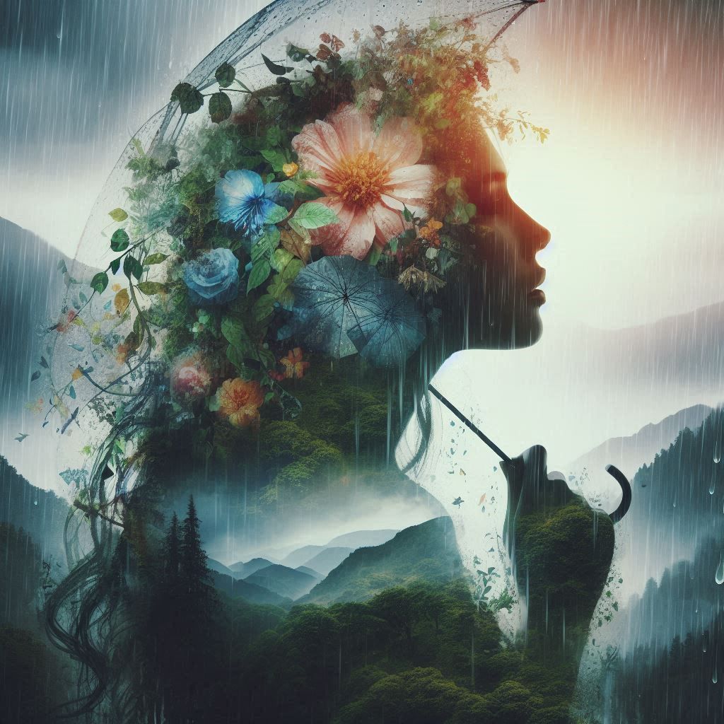 double exposure beautiful fantasy DALL-E 3 portrait landscape..