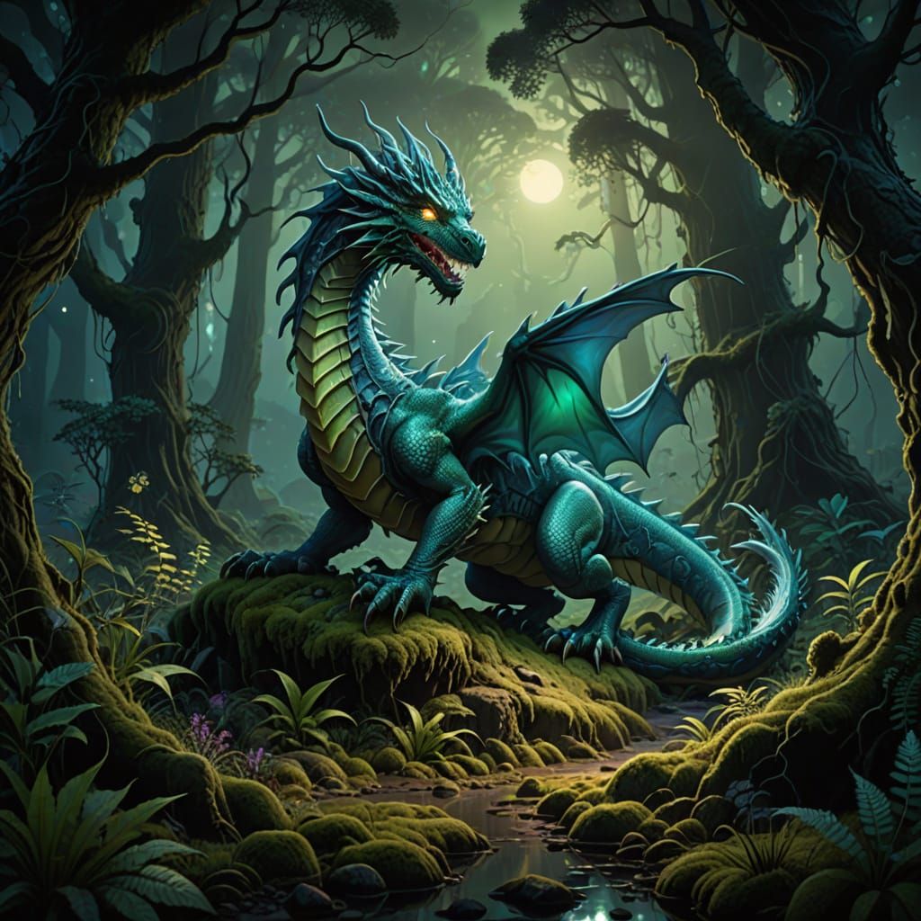 Airbrush art. Digital painting. A bioluminescent forest clearing at twilight, where a majestic, iridescent dragon sleeps coiled around an an...