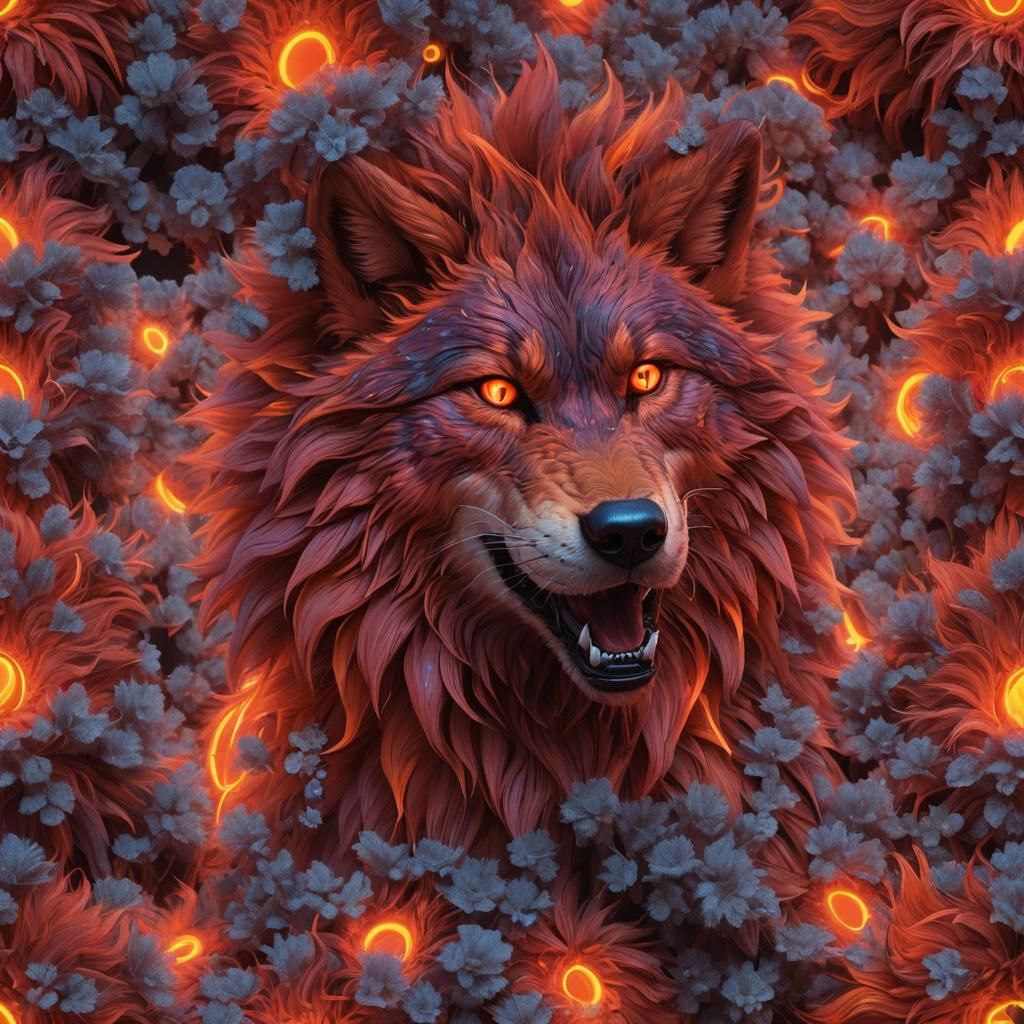 vibrant neon red orange iridescent wolf furry fluffy neon re...
