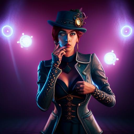 Steampunk themed woman with neon lights in the background