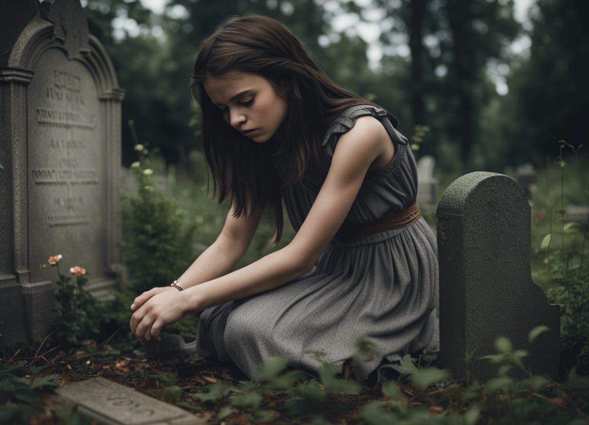 Sad Girl kneeling at an overgrown grave headstone - AI Generated
