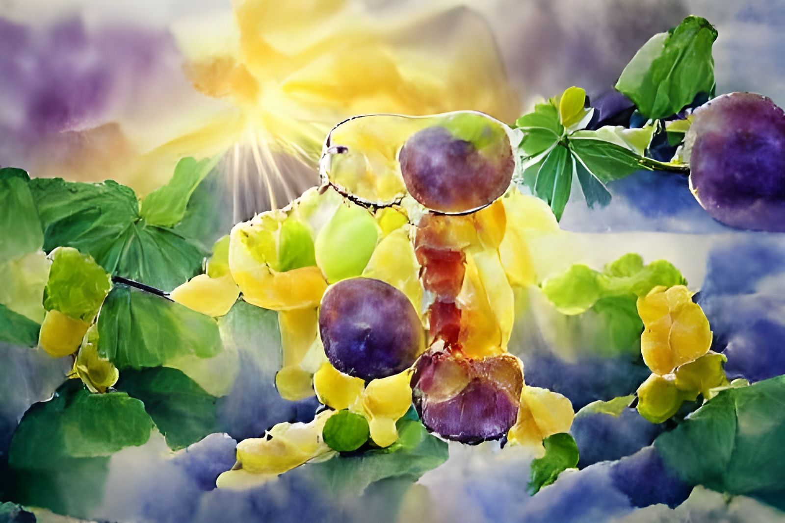 Sunshine through grapes watercolor beautiful artwork colourf...
