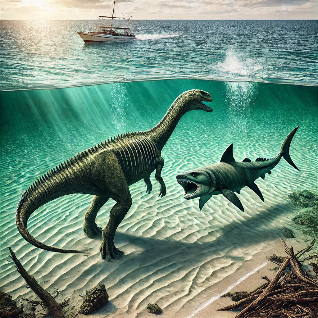 Diplodocus, megalodon and boat)