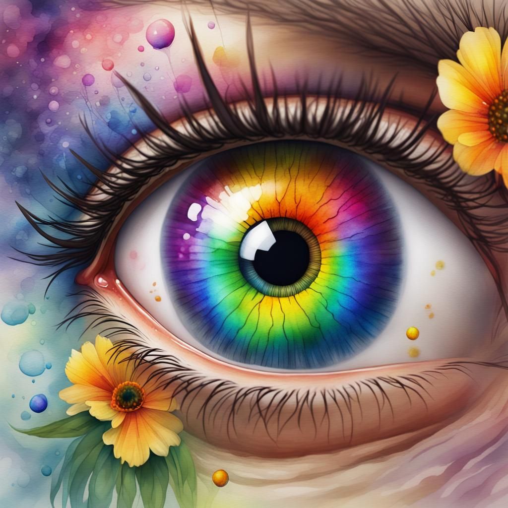watercolour of eye with rainbow colours and flower pupil AI Generated