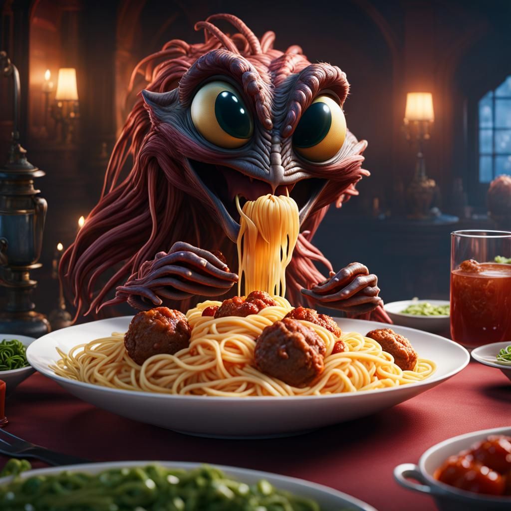 Alien creature eating spaghetti - AI Generated Artwork - NightCafe Creator