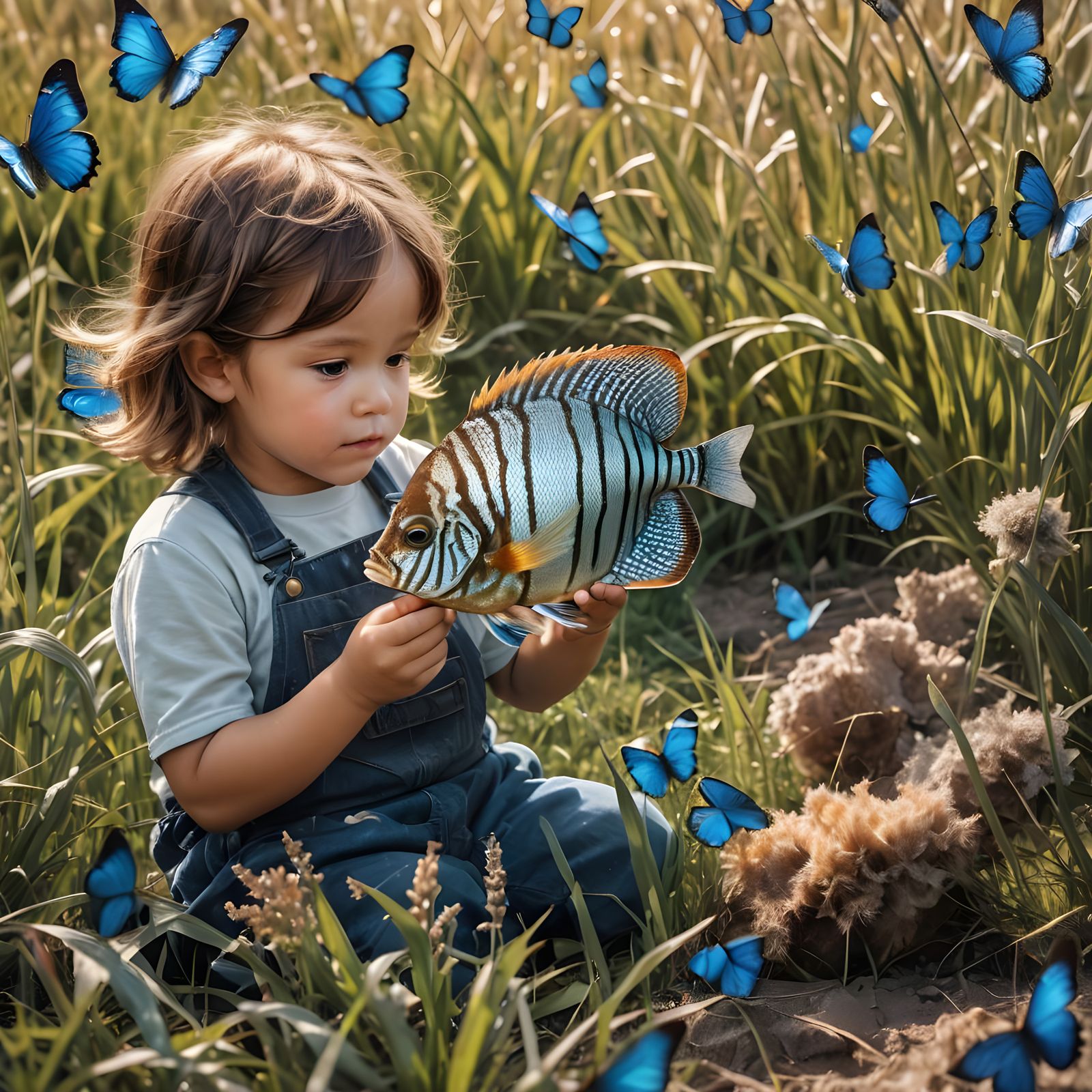 Ultrarealiste  papillon poisson enfantin detail ciel bleu la...