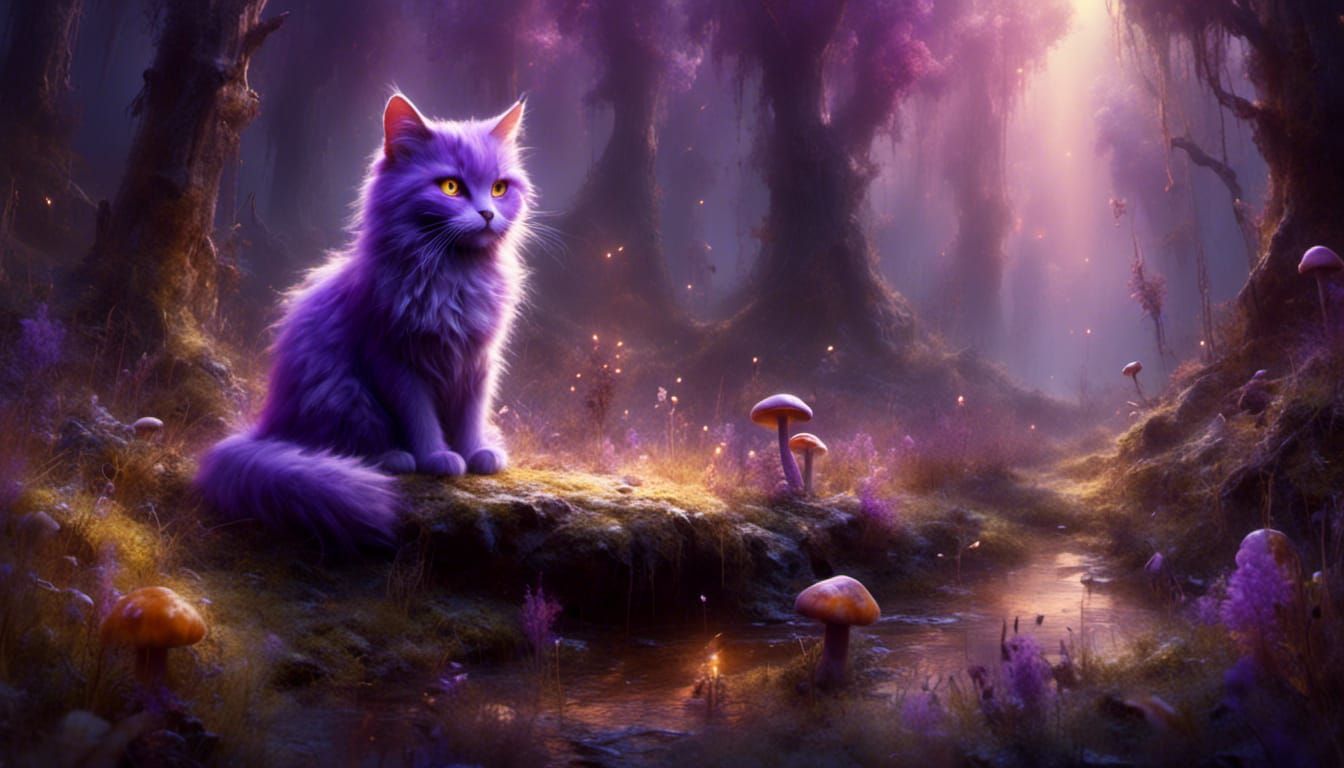 Purple Cat on Mushroom: Whimsical Watercolor Fantasy