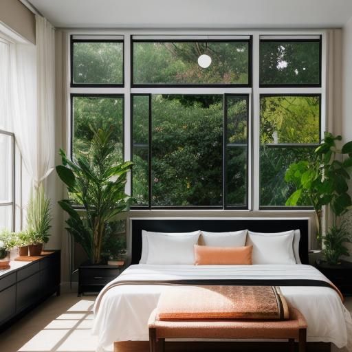 Beautifully window lit black, peach and ivory bedroom w/ pla...