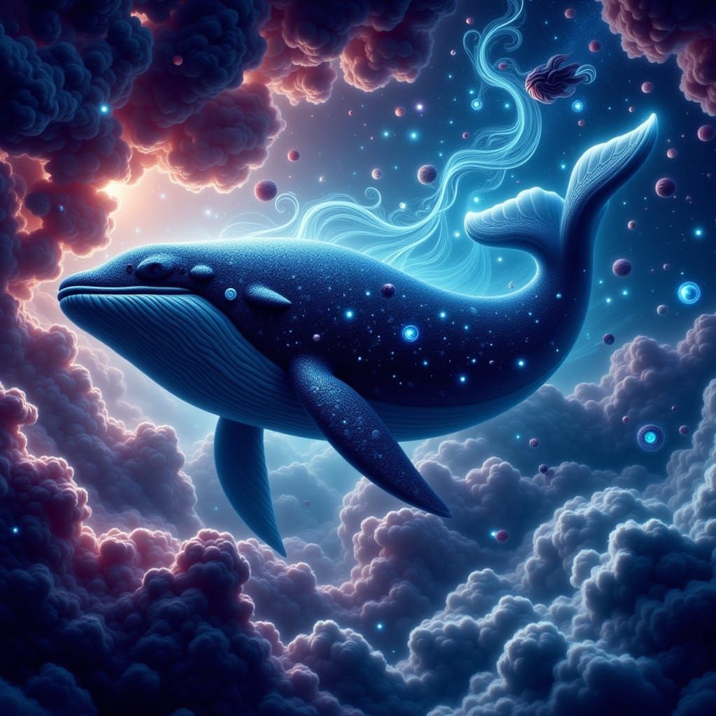 Digital art. A colossal, ancient cosmic whale drifts through a nebula of swirling stardust and nebulae. Its skin is patterned with constella...