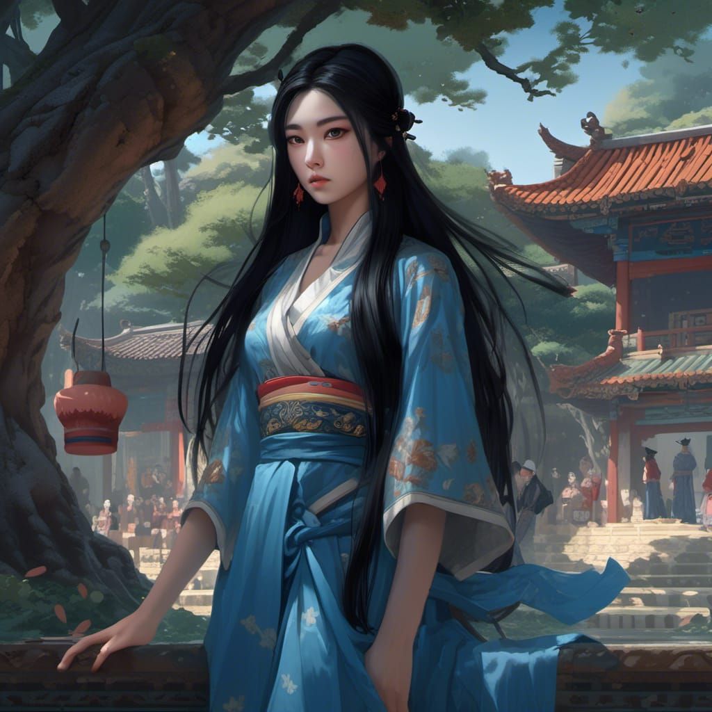 Pretty Chinese Girl Under Tree in Anime Style