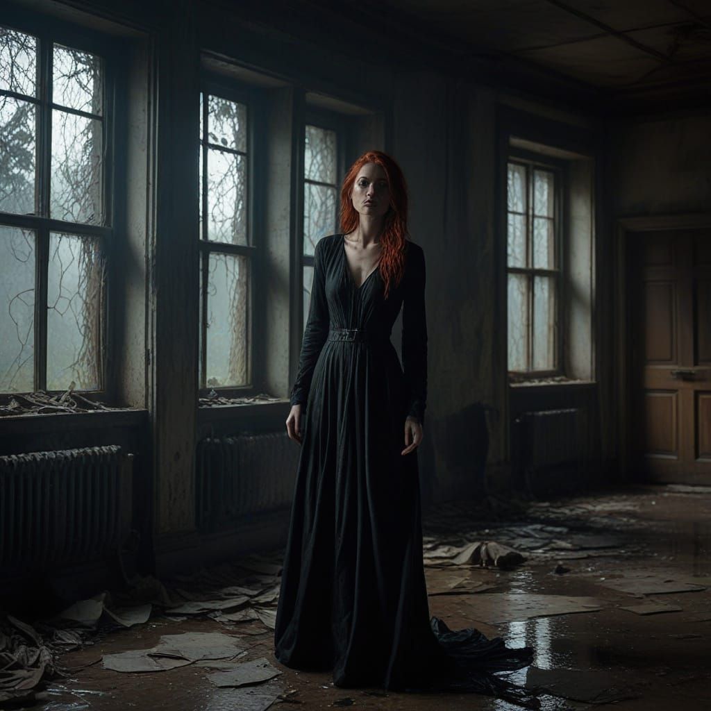 Gothic Femme Fatale in Abandoned Mansion