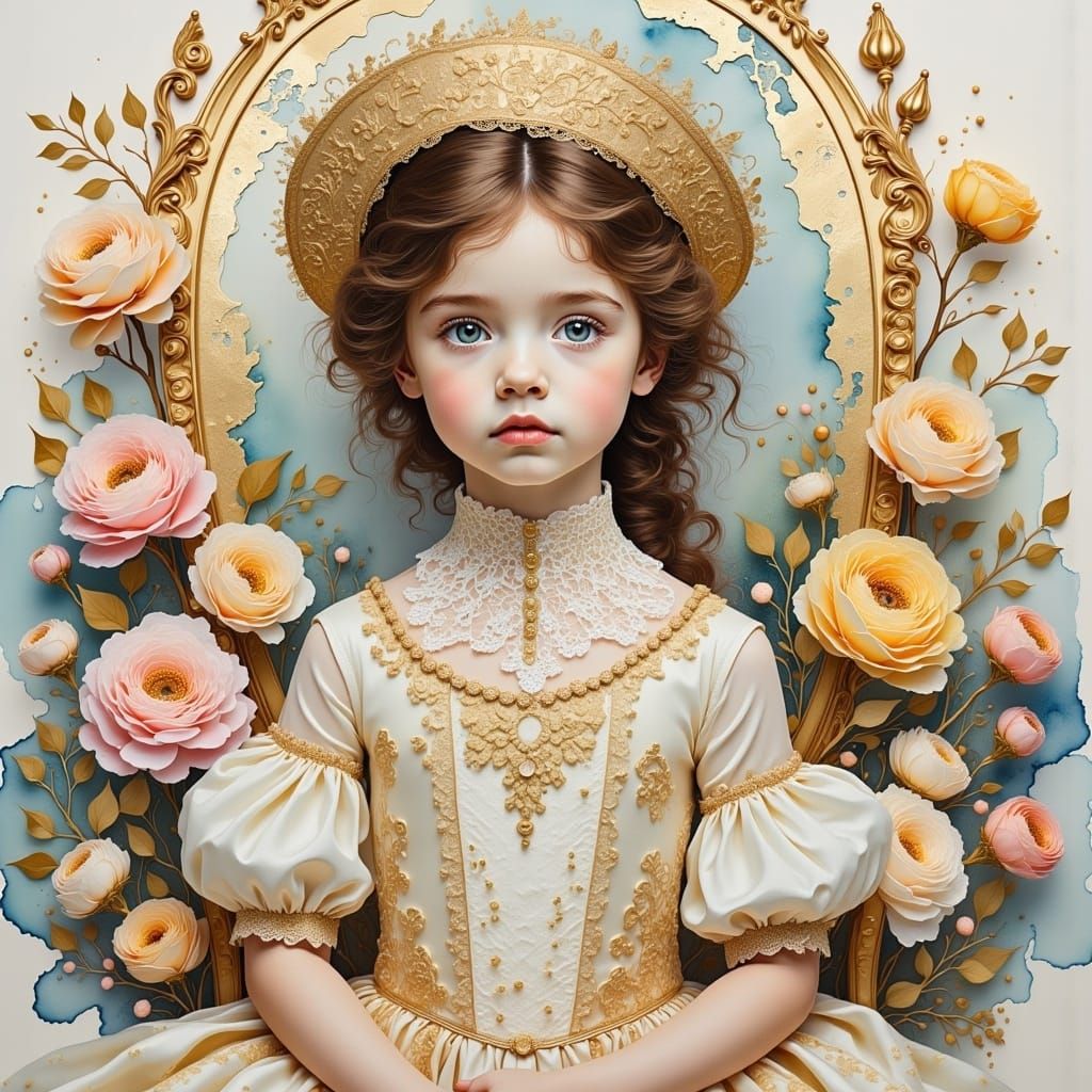 <lora:whimsical ink:1.0> girl with flowers in rococo style, high details, masterpiece,