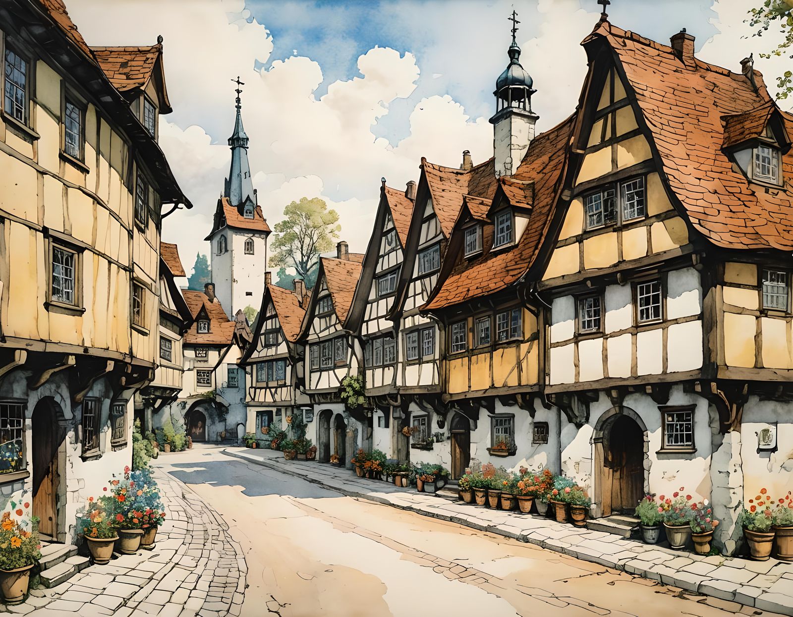 Another German Renaissance village in the summer, lots of fl...