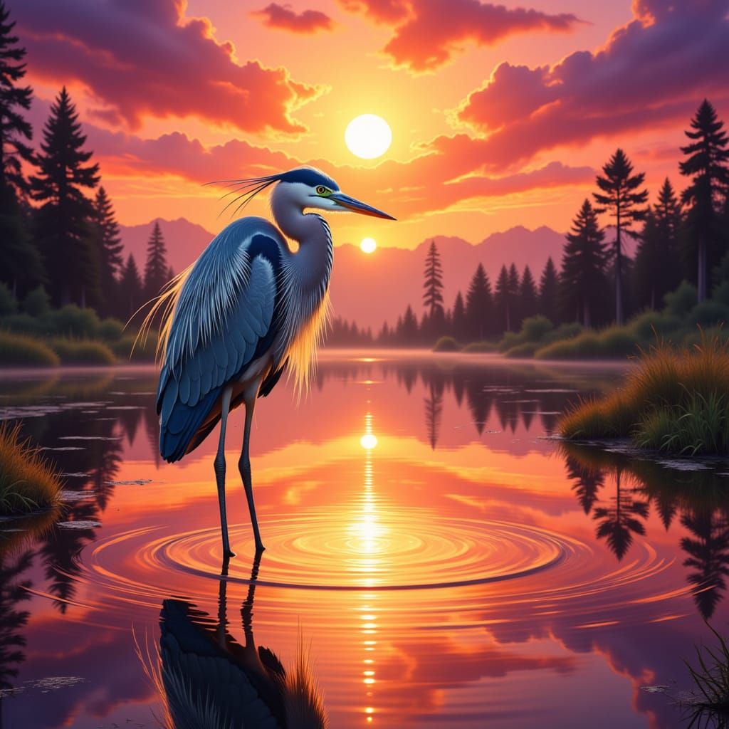 <lora:Heron:1.0>vibrant sunset pond endangered heron tim flach style