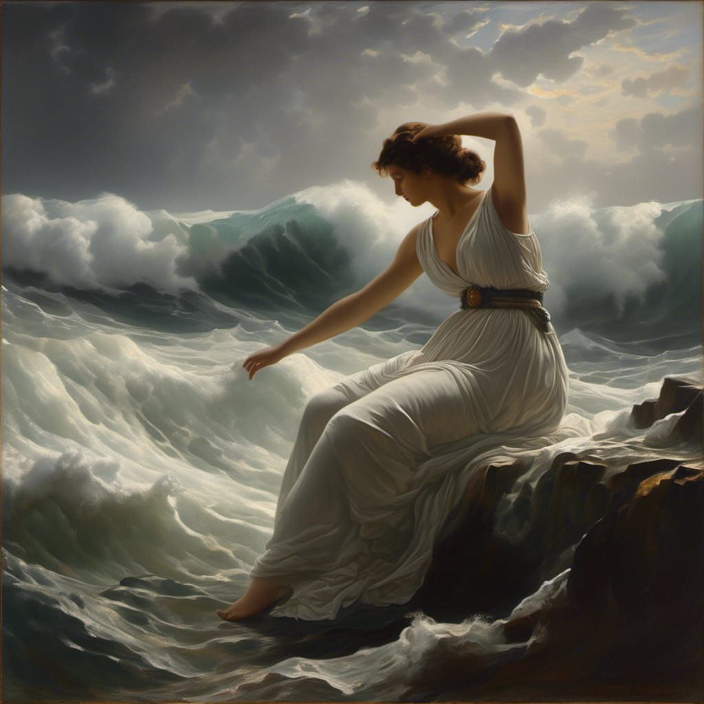 cinematic action academic art oil painting neoclassical; closeup, A serene woman sea goddess figure at the ocean's edge cliff, lifting a col...