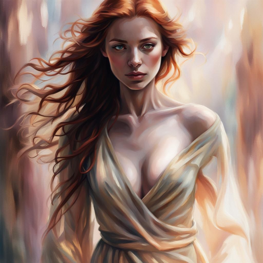 A beautiful woman with luxuriously long, thick honey-red hair, capturing attention with her sensuous looks