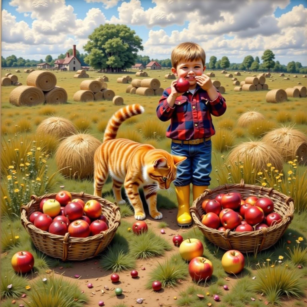 <lora:WET WATERCOLOR 2:1.0> bails of hay stacked in a newly ploughed feild, a big farm cat sniffing round the hay bails for mice, baskets of...