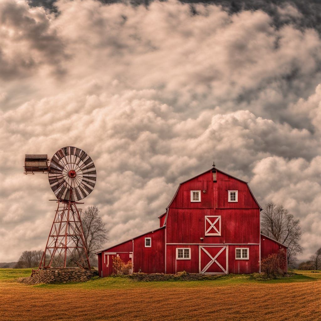 A red barn on a farm in the countryside. Intricate details, HDR, beautifully shot, hyperrealistic, sharp focus, 64 megapixels, nice composit...