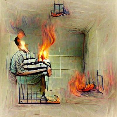 A man burns in his own mental prison