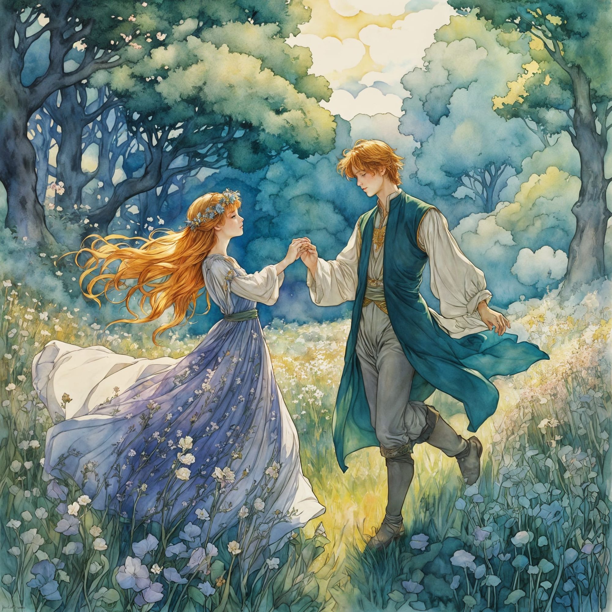 A whimsical storybook illustration of a ginger-haired princess and prince dancing in a meadow of wildflowers, their laughter echoing through...