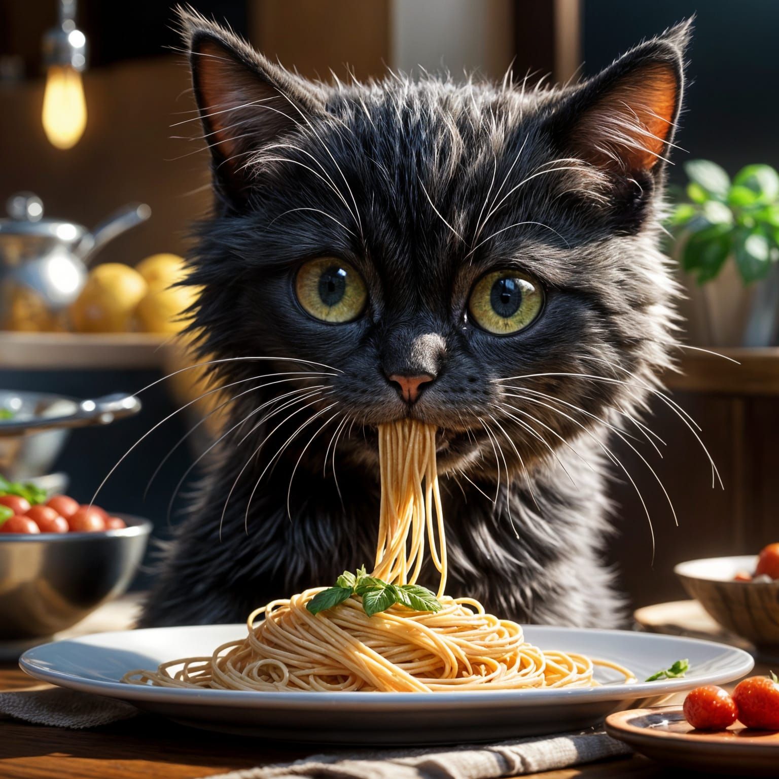 Eating spagetti, my cat favourite hobby.   by @Mad Piece Maker