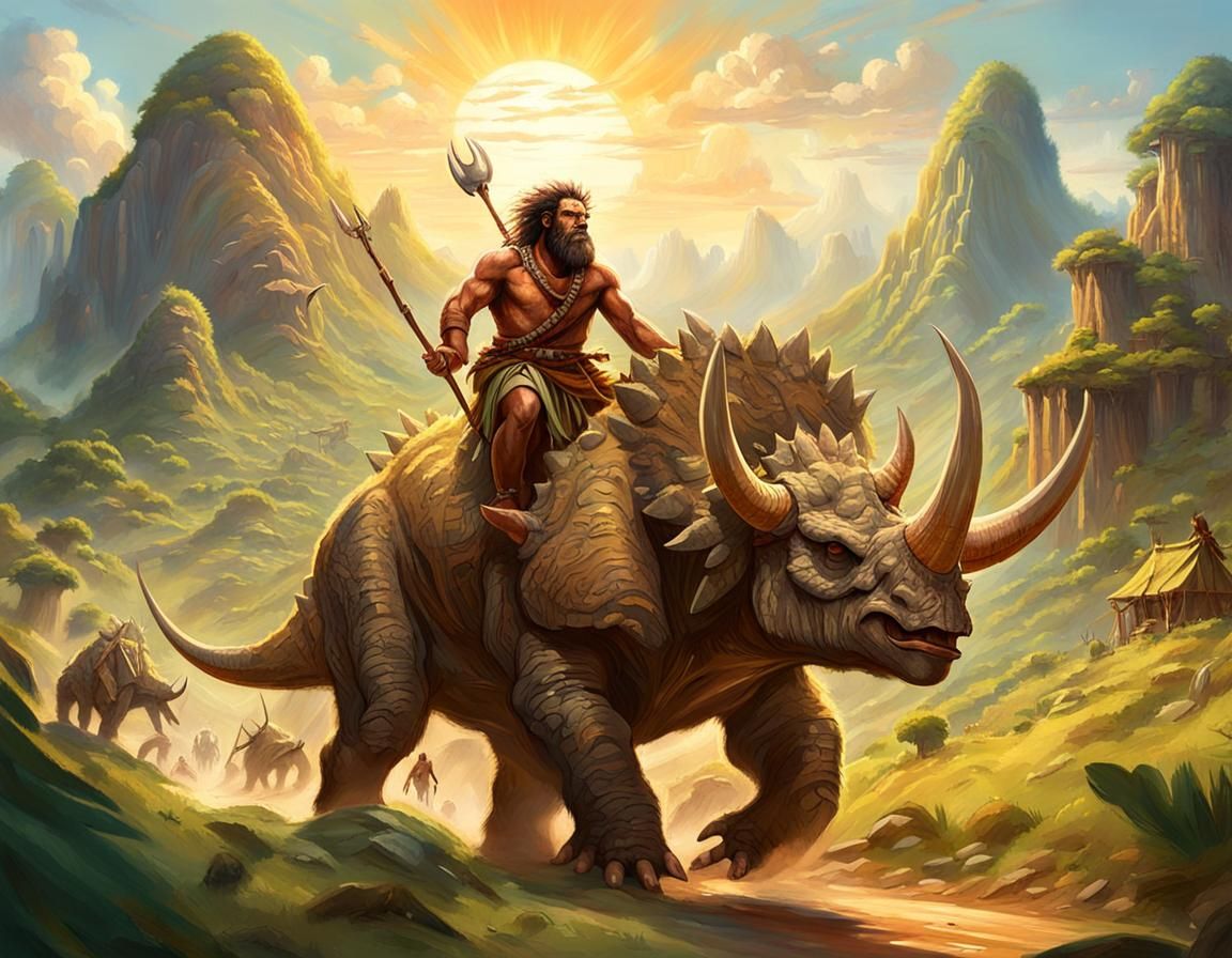 Caveman on Triceratops Approaching Village: Fantasy Art