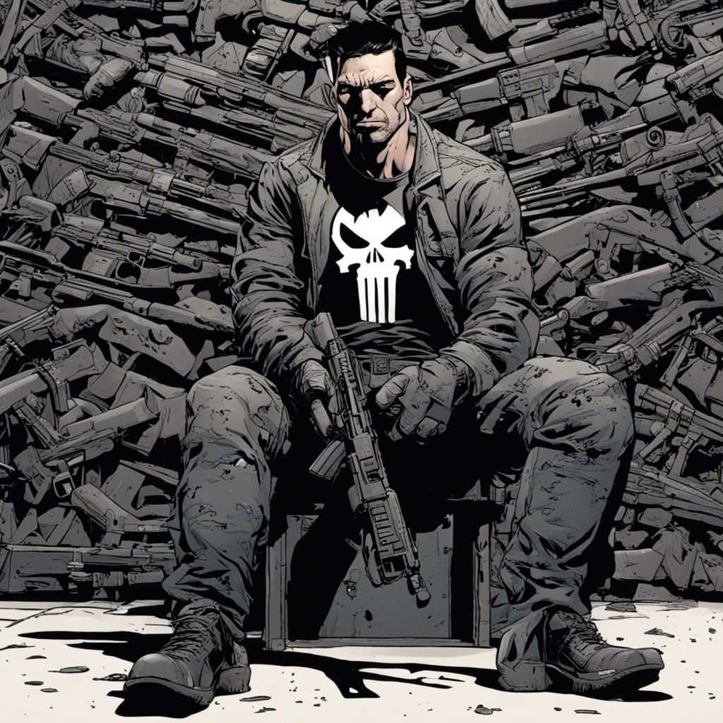 The Punisher is standing in front of a wall of guns with a evil grin on ...