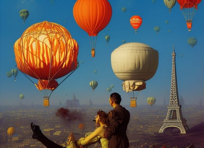 Hot air balloons over Paris, Highly Detailed Science Fiction...