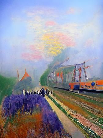 Arrival of a train in the morning haze