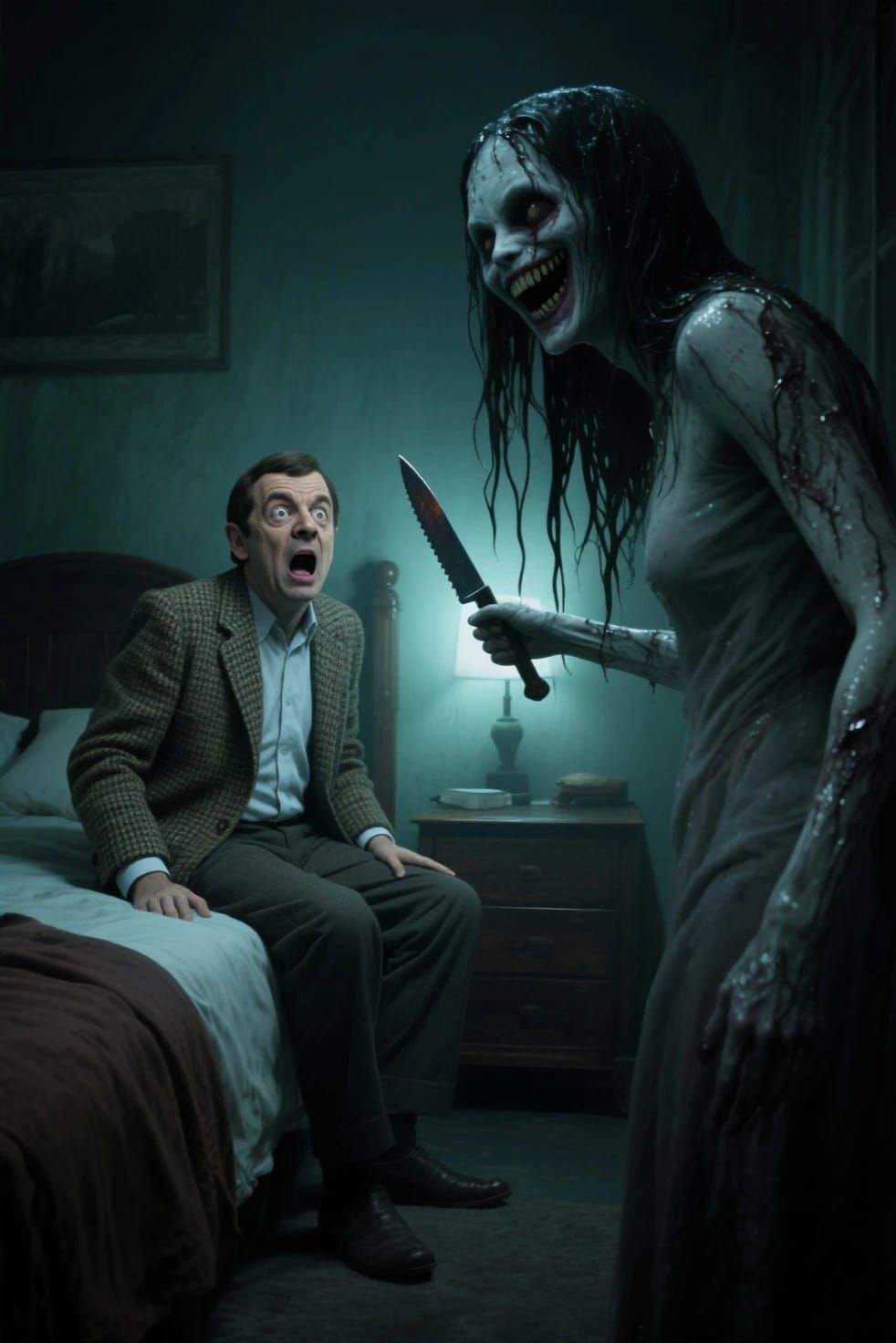 Mr bean in the horror movie the ring with Samara standing be...
