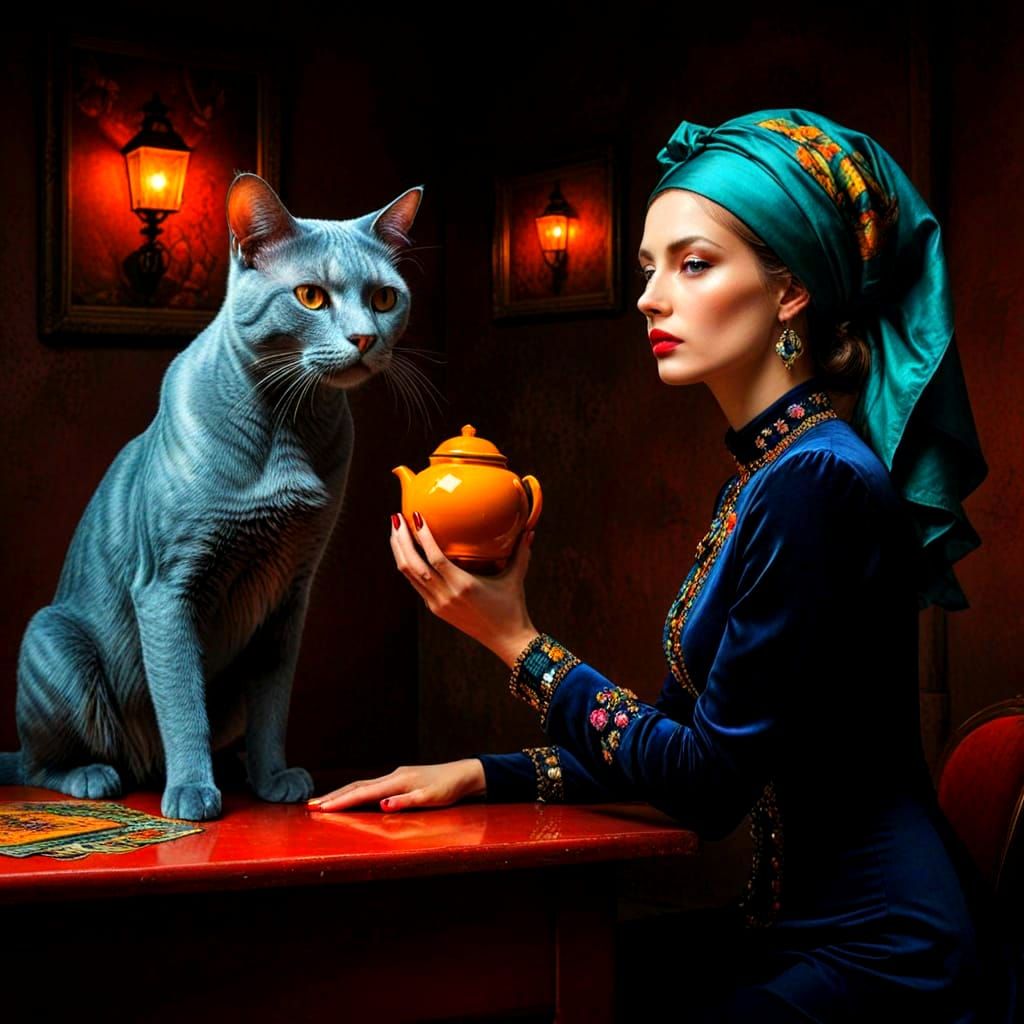 Surrealistic Beauty in Exotic Outfit with Oversized Cat