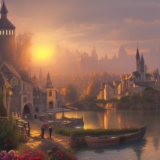 Medieval village skyline across the water at sunset