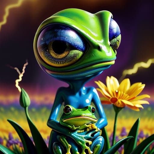 Alien Holding Frog in Flower Field: Surreal Oil Painting