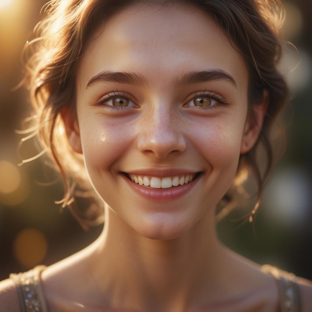 A Realistic epic realism. Medium shot. A 20-year-old woman smiling. High contrast lighting. Soft, warm ...  by @KDrMa FUN HoUsE