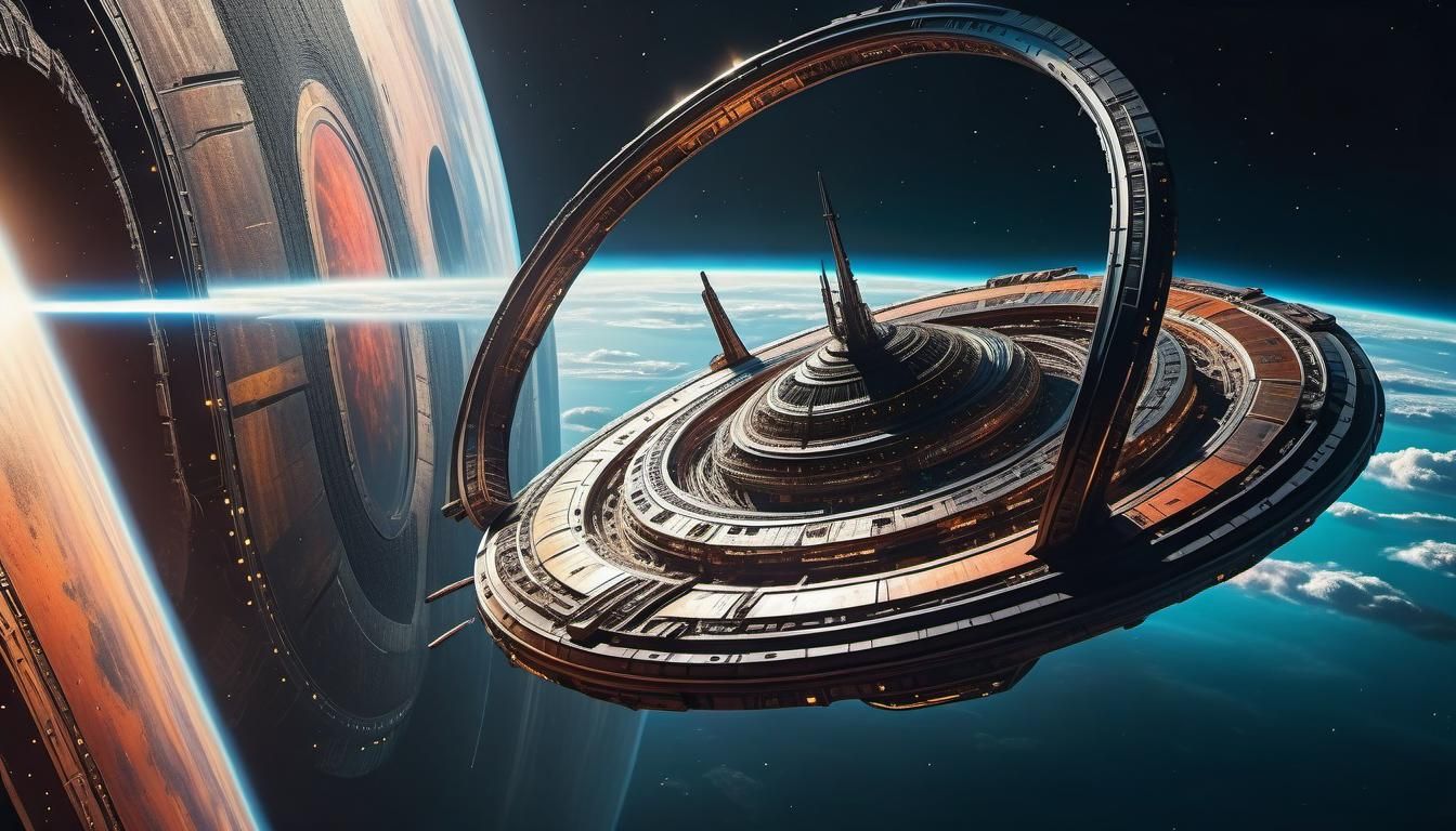 Navigating spaceship through the rings of Satun, dramatic, c...