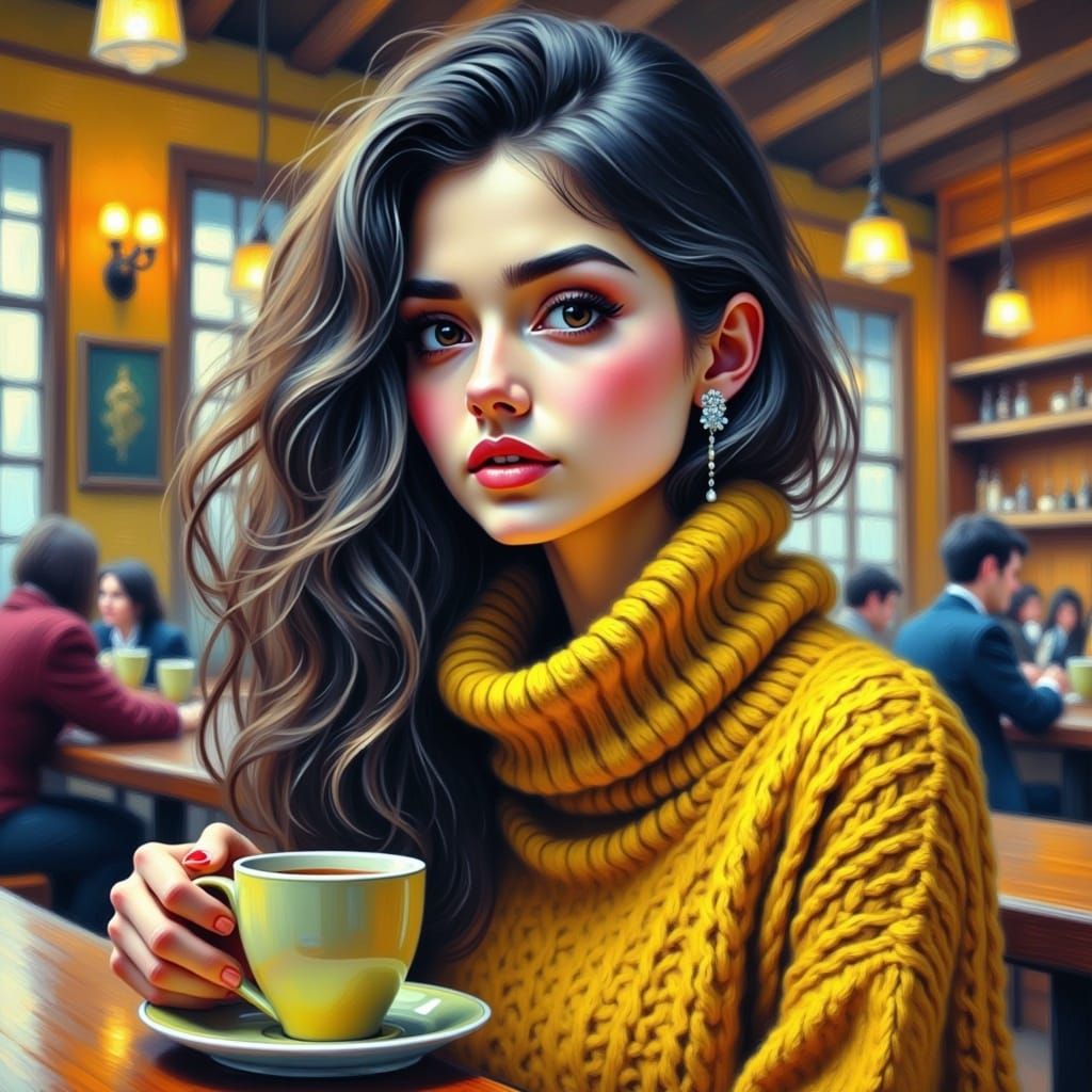 <lora:OilPaintFx:1.0>   beautiful woman, black  straight hair,, messy, yellow ,turtleneck sweater from there ,  in the  bar, drinking coffe....
