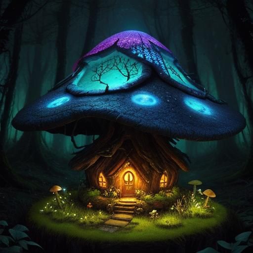 A fairy mushroom house in an enchanted bioluminescent forest...
