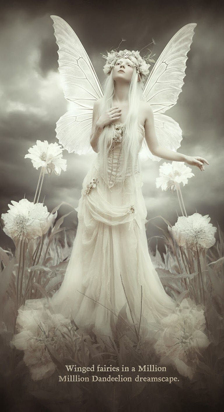 Surrealist dreamscapes. Medium shot. A pale, white-haired fairy-like woman with a flowing gown, delicate wings, and intricate floral headpie...