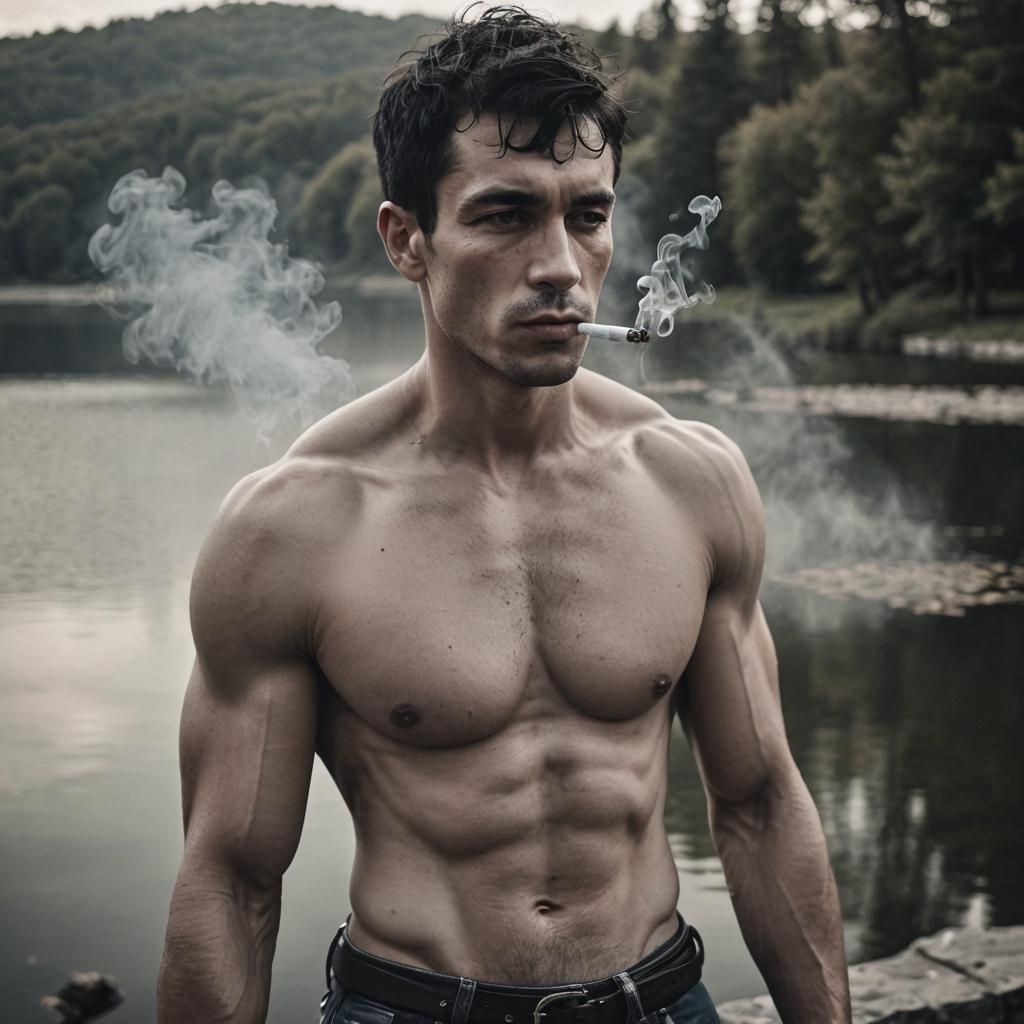Handsome very muscular clean cut shirtless male with short black hair smoking a cigarette by a lake . He is wearing jeans with a belt . View...